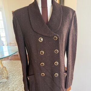 St John Collection Vintage Tweed Brown Speckle Knit Double Breasted Pea Coat 10